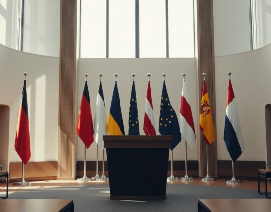 Six EU flags in a Brussels meeting room representing Germany, France, Italy, Poland, Spain, and the Netherlands