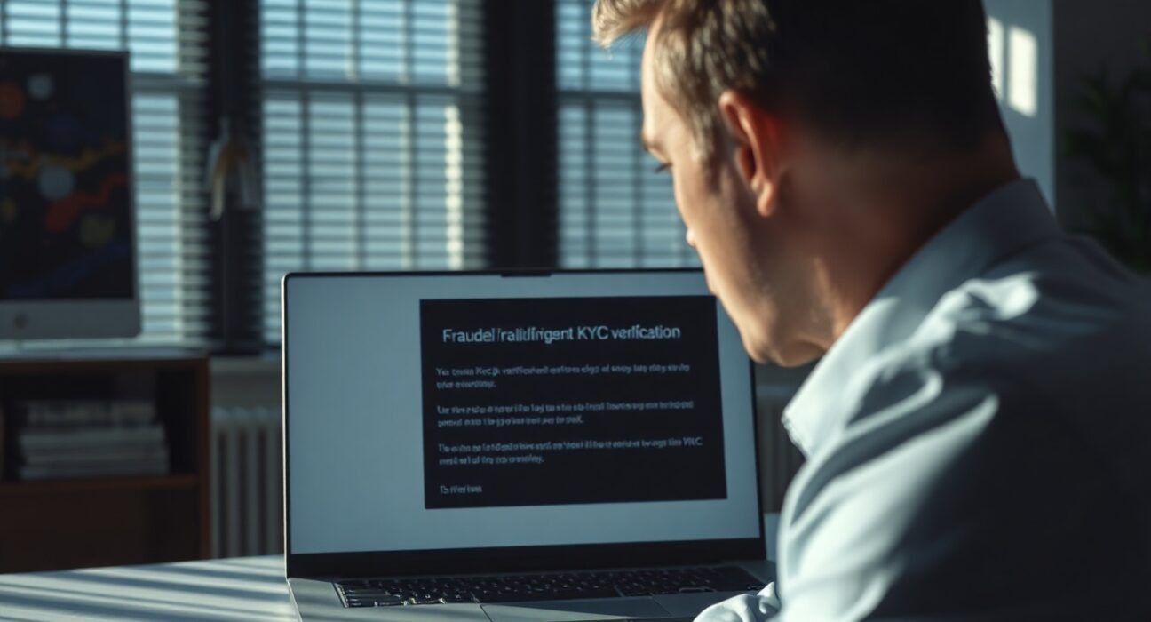 Investor viewing a phishing email about urgent KYC verification on a laptop in a dimly lit office