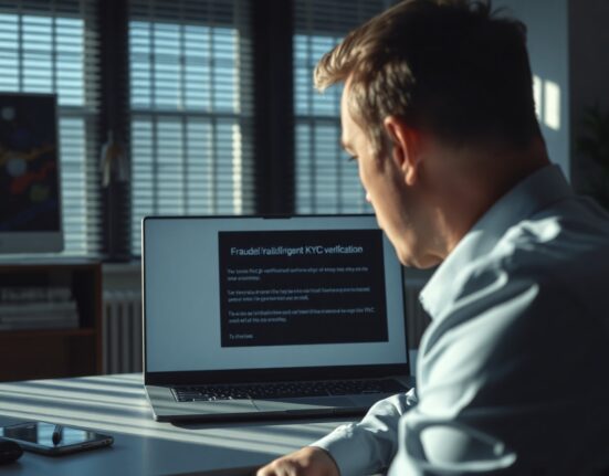 Investor viewing a phishing email about urgent KYC verification on a laptop in a dimly lit office