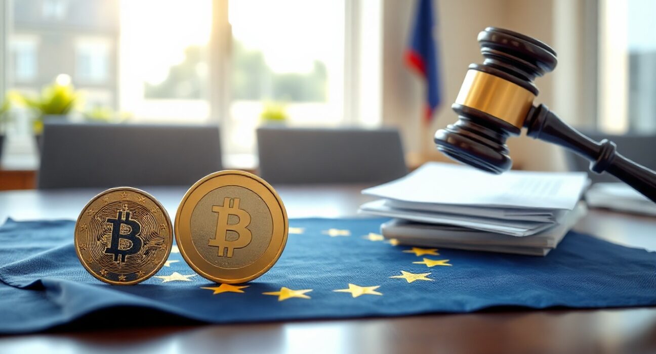 EU flag and stablecoin coins with a gavel symbolizing MiCA regulation review