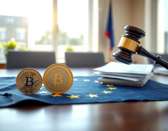 EU flag and stablecoin coins with a gavel symbolizing MiCA regulation review