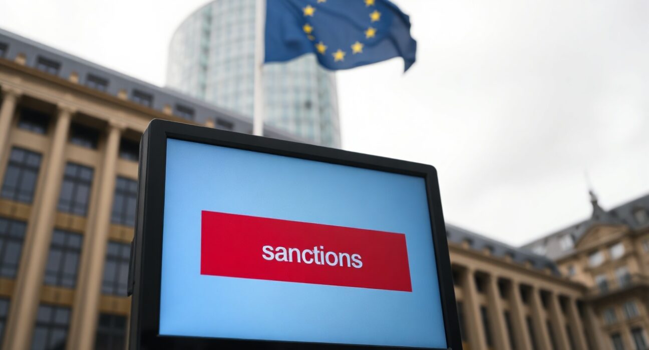 European Union headquarters in Brussels with a digital screen showing a crypto wallet under sanctions warning.