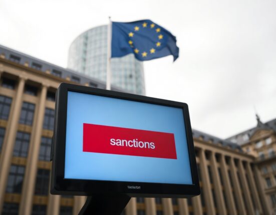European Union headquarters in Brussels with a digital screen showing a crypto wallet under sanctions warning.