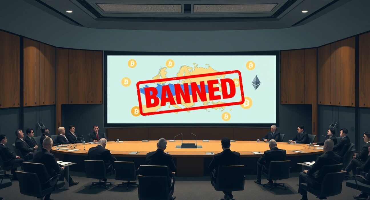 EU officials in a council chamber with a digital screen showing a banned stamp over Russia and crypto icons, representing the EU sanctions Russia crypto ban.
