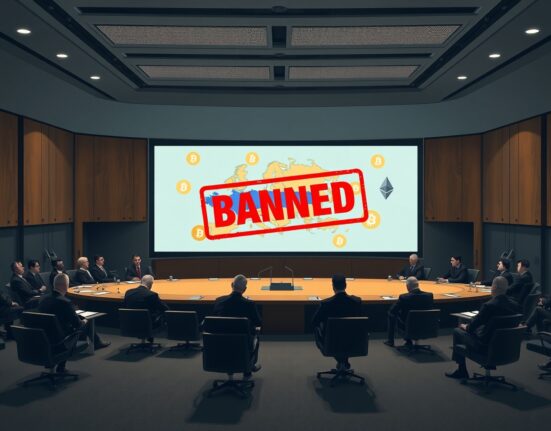 EU officials in a council chamber with a digital screen showing a banned stamp over Russia and crypto icons, representing the EU sanctions Russia crypto ban.
