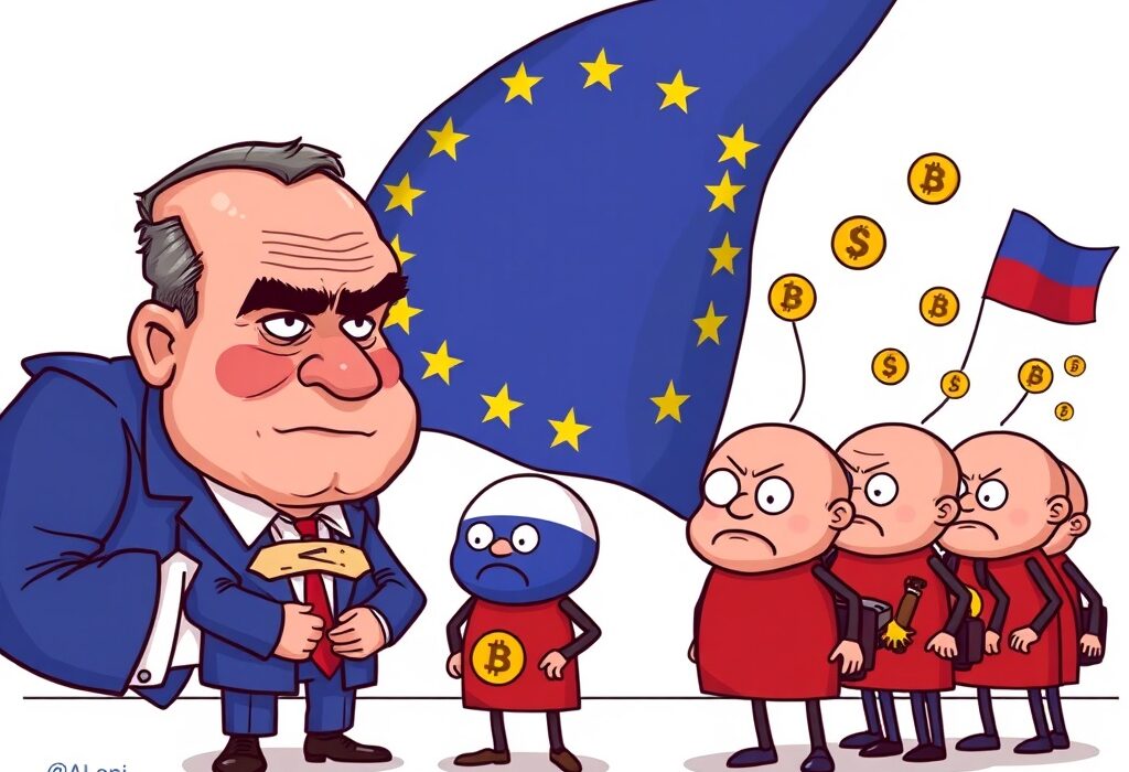 A cartoon showing the EU considering sanctions on Russian crypto exchanges, impacting digital asset flows.