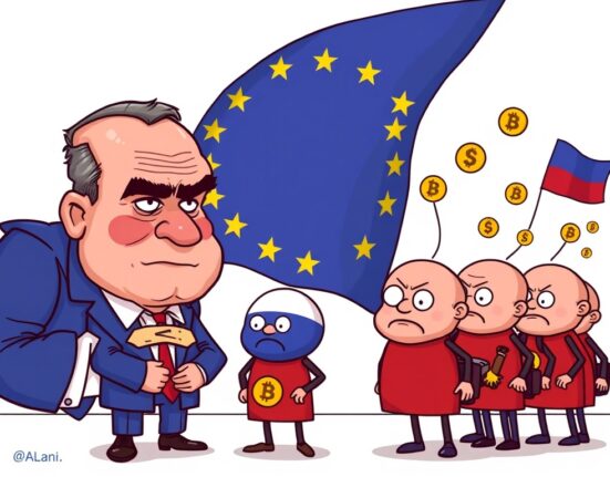 A cartoon showing the EU considering sanctions on Russian crypto exchanges, impacting digital asset flows.