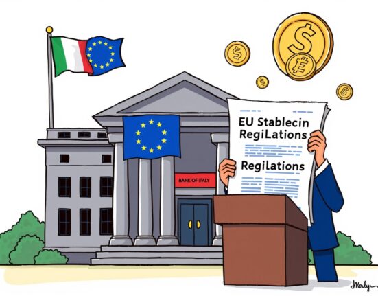 Cartoon illustration showing the Bank of Italy advocating for clear EU stablecoin regulations amidst a complex financial landscape.