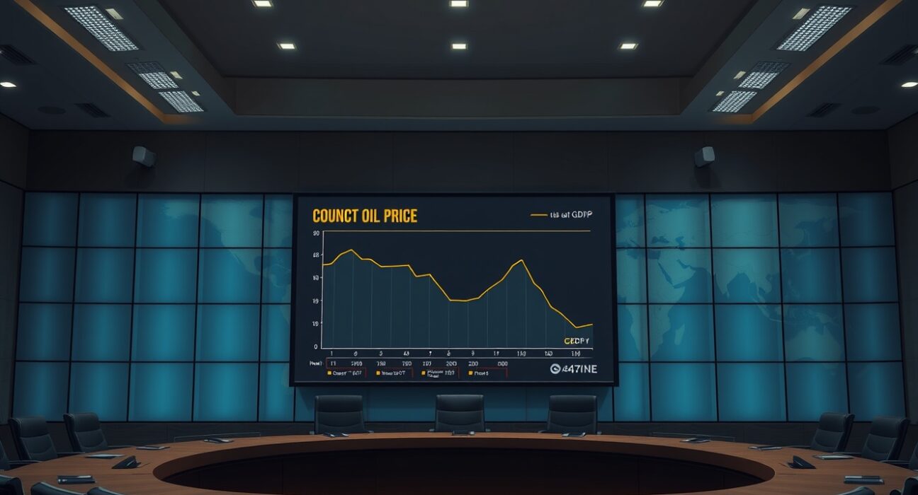 EU council chamber with economic charts showing stagflation risk from Iran conflict