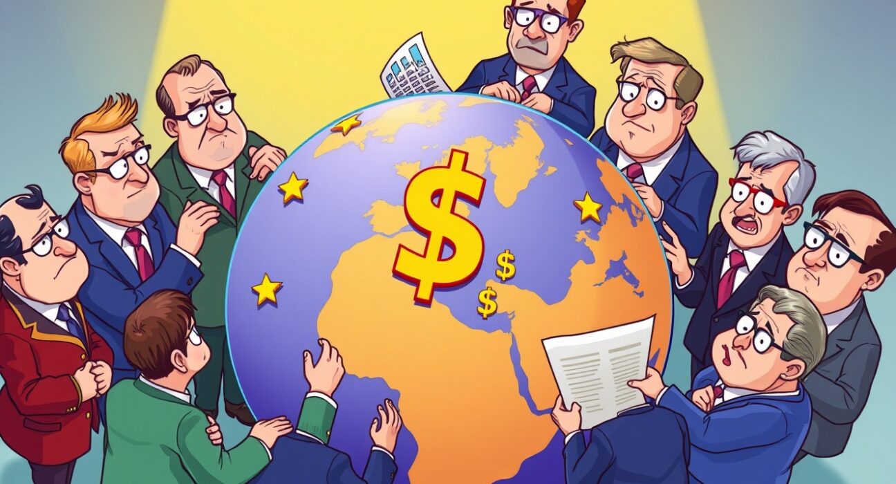 EU officials discussing US dollar reserves consolidation around global financial charts