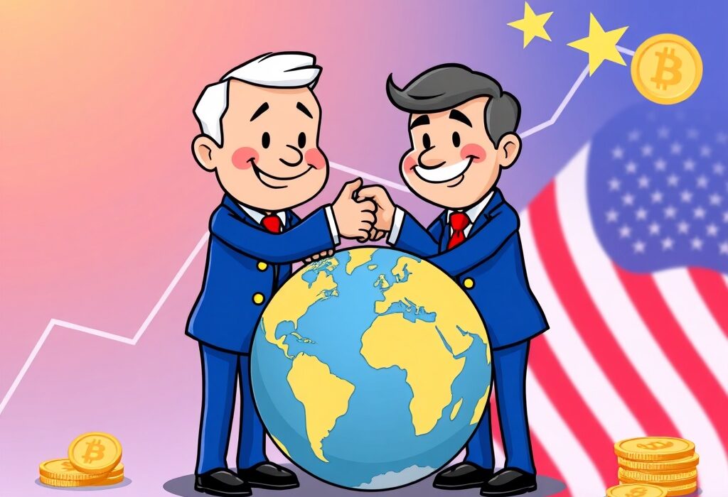 Cartoon illustration showing EU and US cooperation, symbolizing the positive impact of the EU US Trade Suspension on global economic stability.