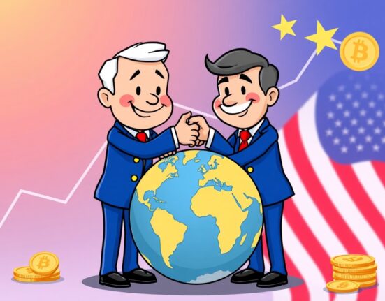 Cartoon illustration showing EU and US cooperation, symbolizing the positive impact of the EU US Trade Suspension on global economic stability.