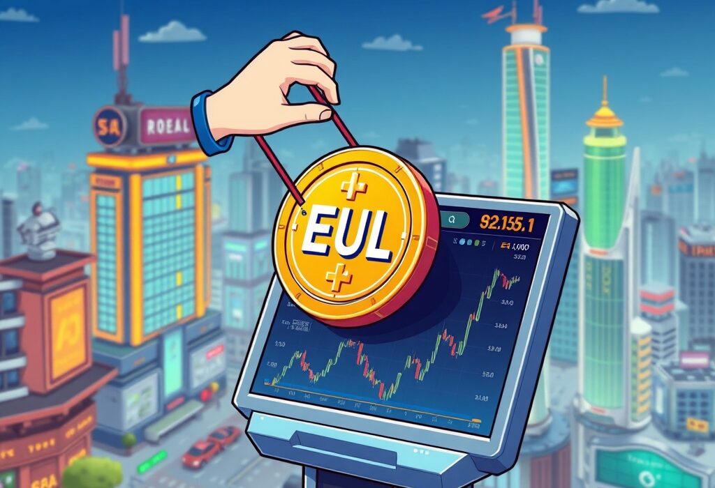 A vibrant cartoon illustration showing a digital coin with 'EUL' symbol being added to a bustling crypto exchange interface, symbolizing the Euler (EUL) listing on Bithumb.