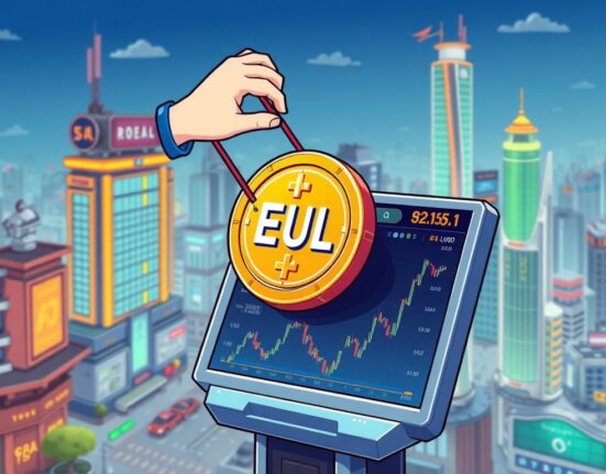 A vibrant cartoon illustration showing a digital coin with 'EUL' symbol being added to a bustling crypto exchange interface, symbolizing the Euler (EUL) listing on Bithumb.