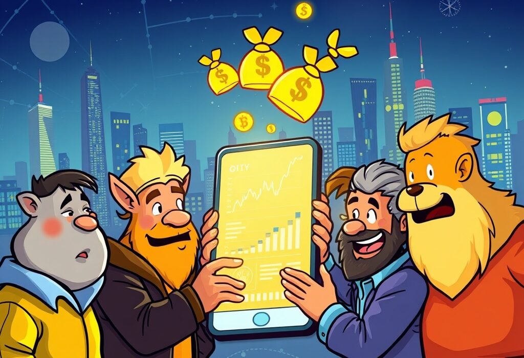 Cartoon illustration showing successful Euphoria funding for a mobile crypto derivatives app, symbolizing growth and innovation.