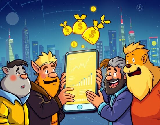 Cartoon illustration showing successful Euphoria funding for a mobile crypto derivatives app, symbolizing growth and innovation.