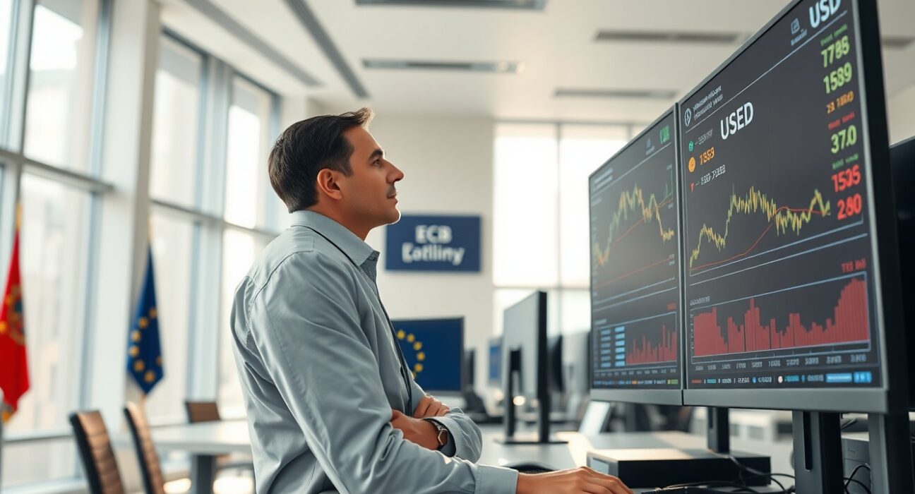 Financial analyst examining EUR currency charts and ECB policy data in European trading environment
