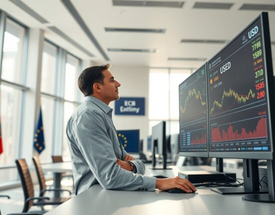 Financial analyst examining EUR currency charts and ECB policy data in European trading environment