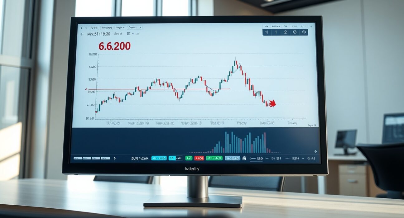 EUR/CAD exchange rate chart analysis on a professional trading desk monitor.