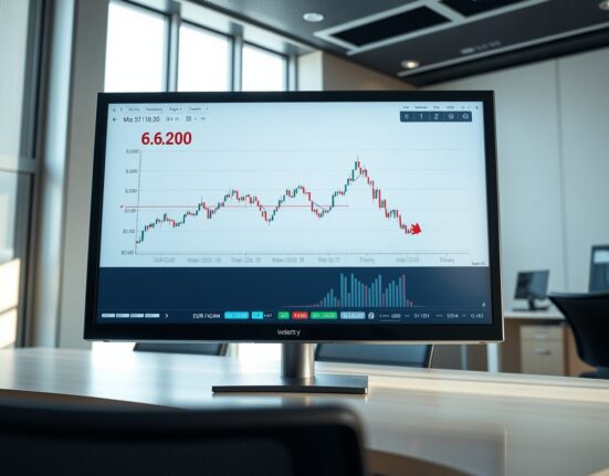 EUR/CAD exchange rate chart analysis on a professional trading desk monitor.