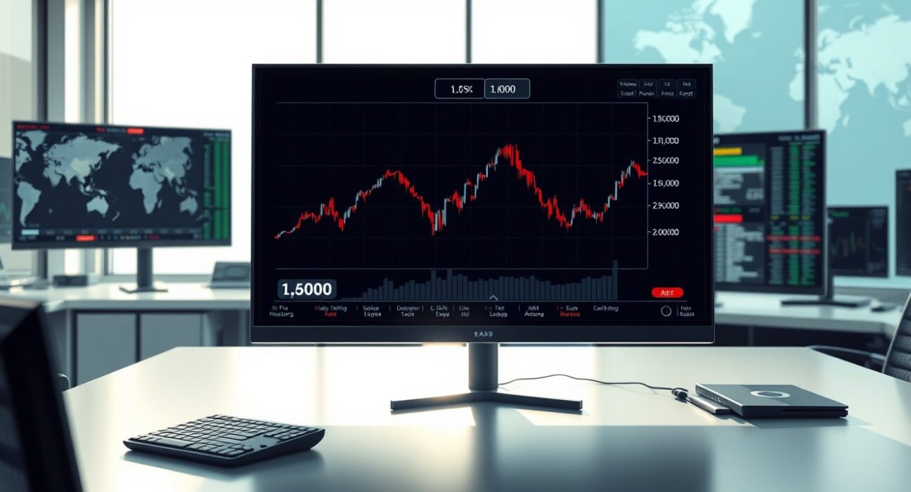 Professional trading desk monitor showing the EUR/CAD exchange rate chart holding near 1.6000.