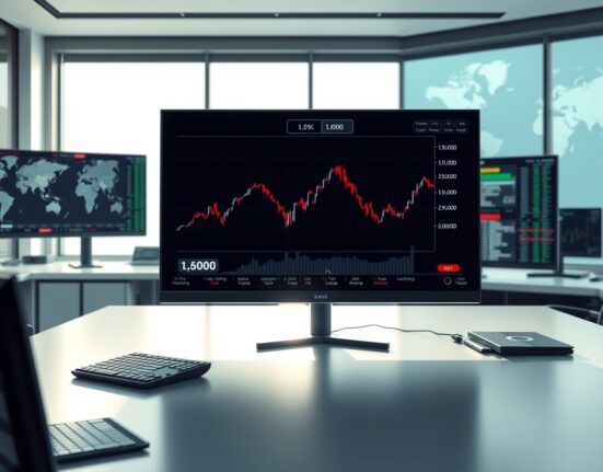 Professional trading desk monitor showing the EUR/CAD exchange rate chart holding near 1.6000.