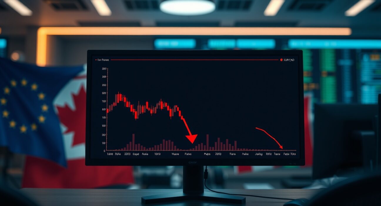 EUR/CAD forex chart showing losses near 1.5950 with Euro and Canadian flags in background
