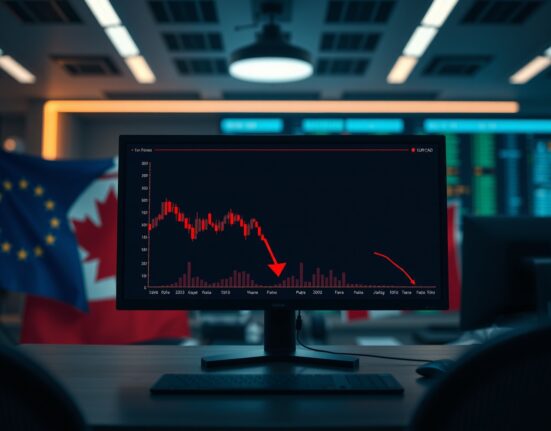 EUR/CAD forex chart showing losses near 1.5950 with Euro and Canadian flags in background