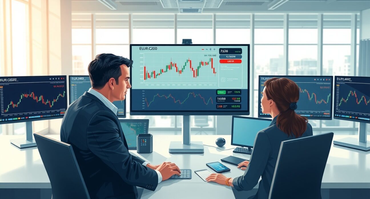 Professional traders analyzing EUR/CAD currency pair data on financial market monitors.