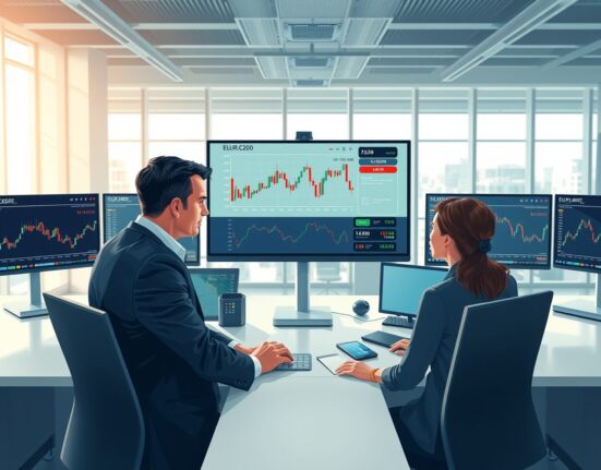 Professional traders analyzing EUR/CAD currency pair data on financial market monitors.