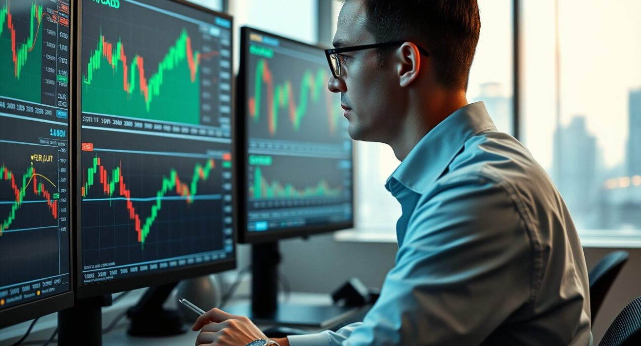 Financial analyst monitors EUR/CAD forex charts on multiple screens in a modern trading office