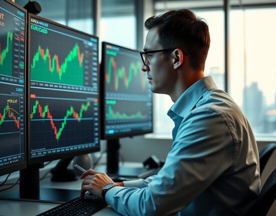 Financial analyst monitors EUR/CAD forex charts on multiple screens in a modern trading office