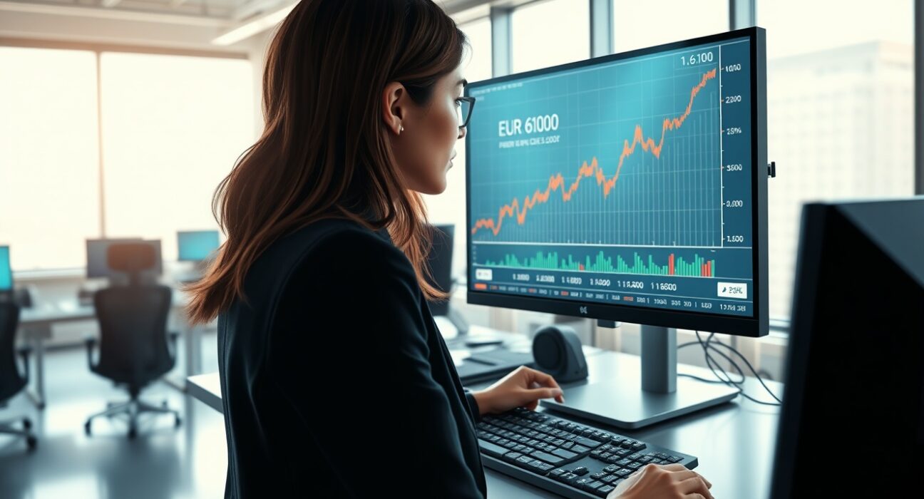 Financial analyst monitoring the rising EUR/CAD exchange rate chart on a trading desk.