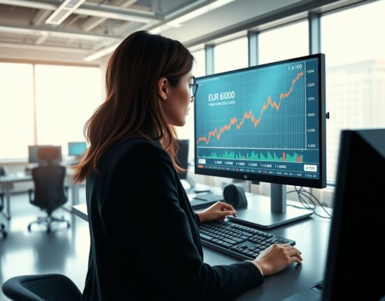Financial analyst monitoring the rising EUR/CAD exchange rate chart on a trading desk.