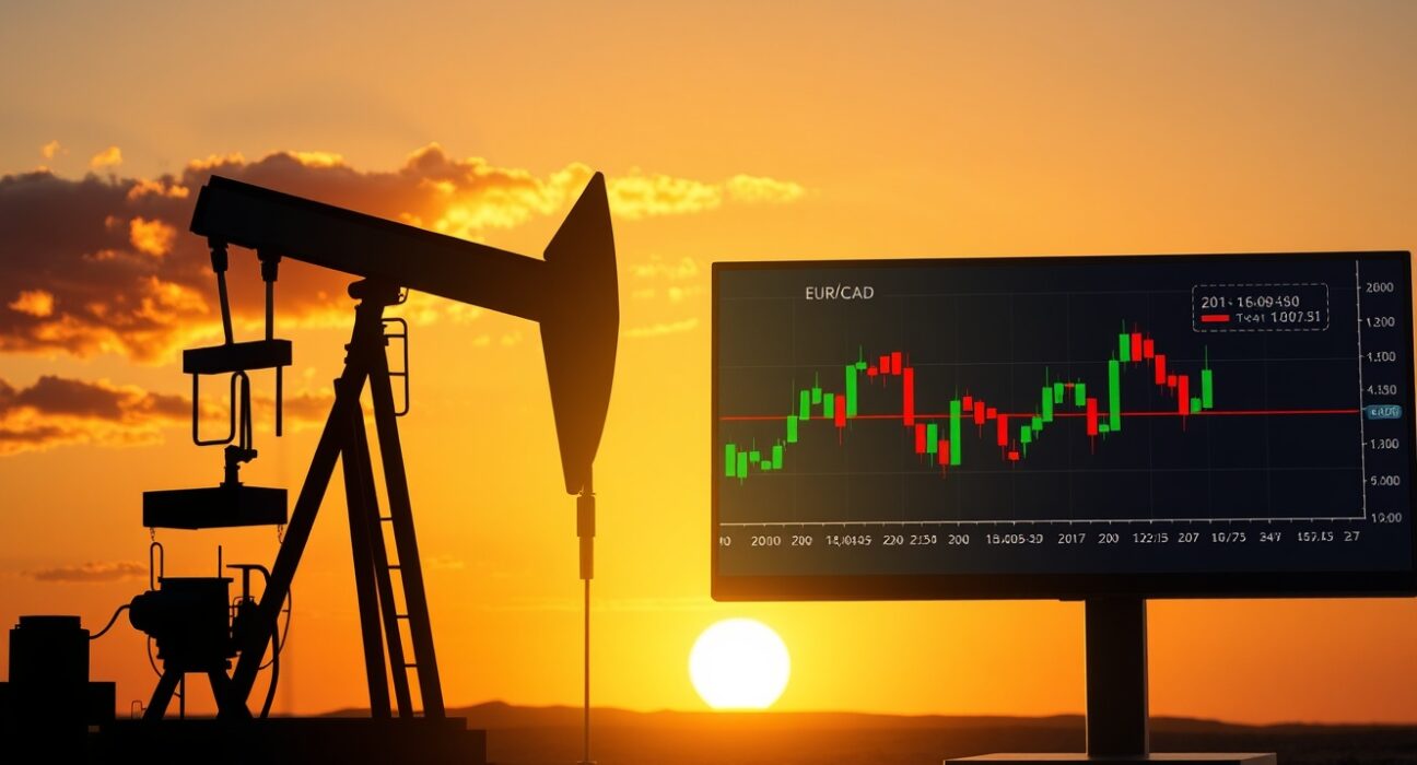 EUR/CAD forex chart and oil pumpjack illustrating currency pair steadiness below 1.6050 driven by improved oil prices.