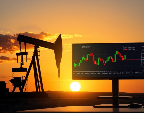 EUR/CAD forex chart and oil pumpjack illustrating currency pair steadiness below 1.6050 driven by improved oil prices.