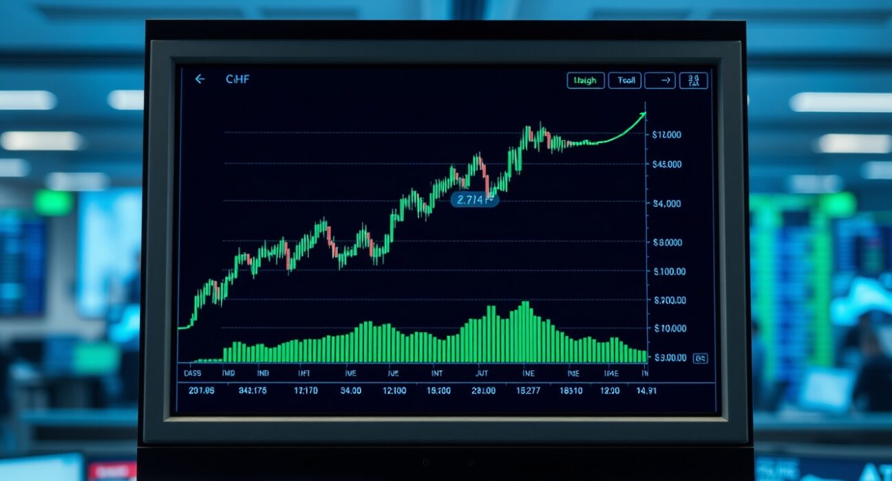 EUR/CHF currency chart showing an upward trend on a trading screen