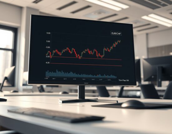 EUR/CHF exchange rate chart analysis showing the critical 0.90 level test on a financial trading desk monitor.