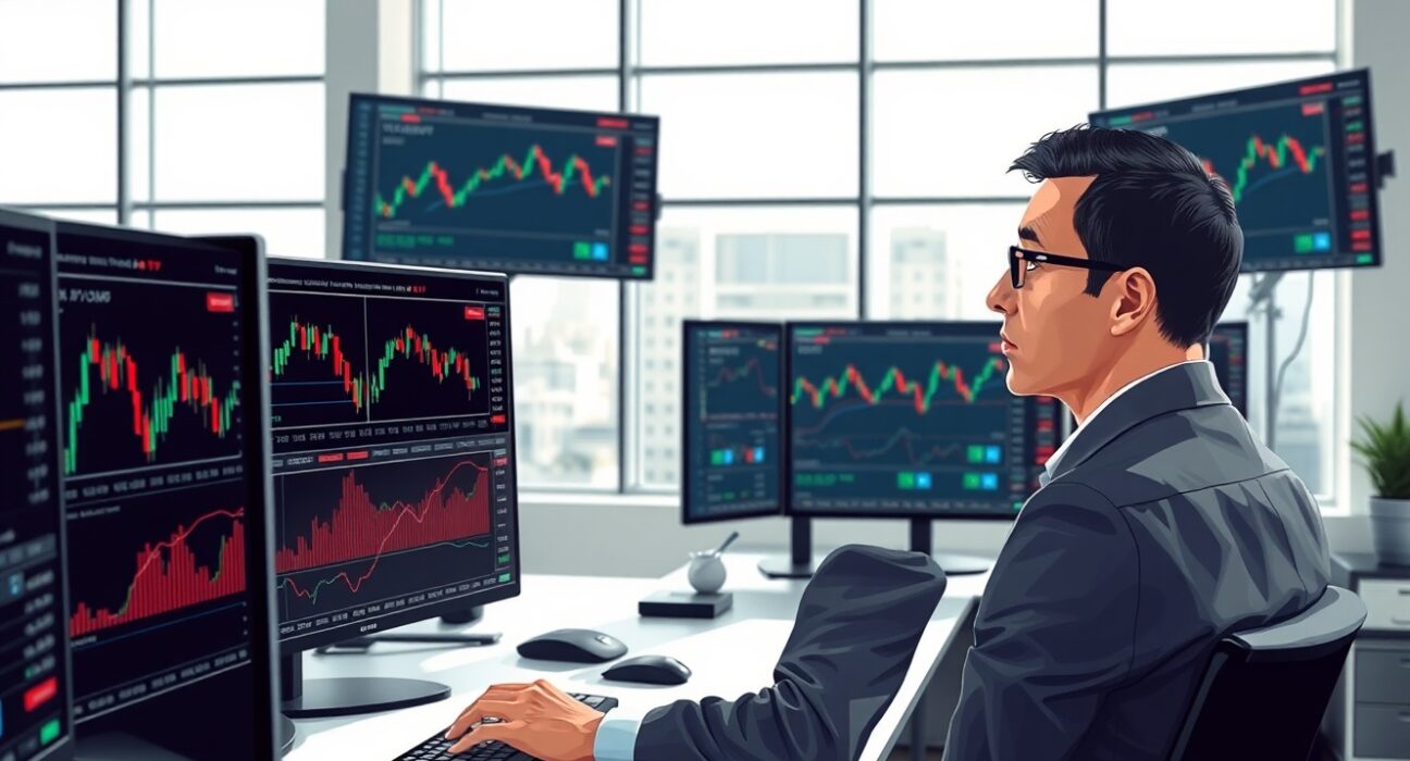 Financial analyst monitoring EUR/CHF exchange rate charts and SNB policy data in trading environment