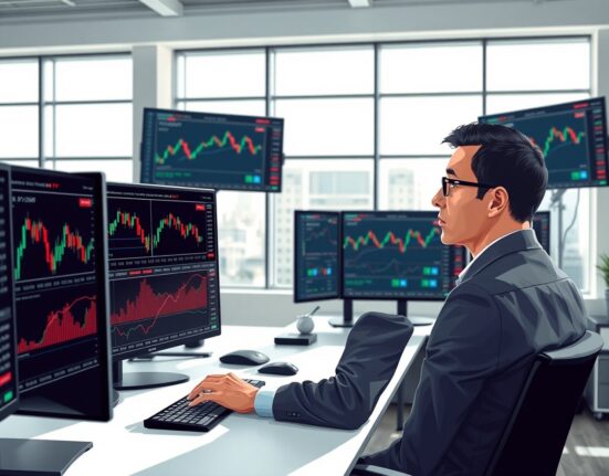 Financial analyst monitoring EUR/CHF exchange rate charts and SNB policy data in trading environment