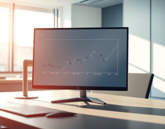 Professional analysis of the EUR/CHF exchange rate chart on a trading desk monitor.