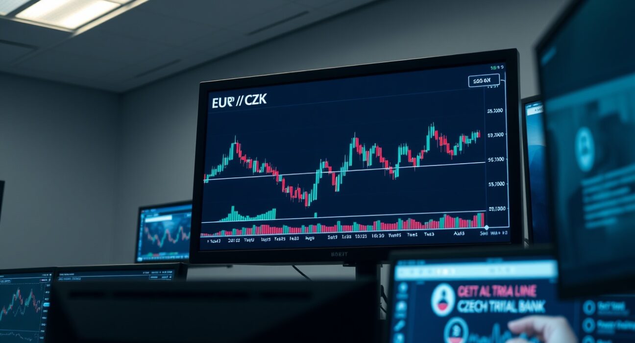 EUR/CZK currency chart on a trading desk monitor showing sideways movement