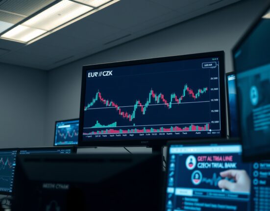 EUR/CZK currency chart on a trading desk monitor showing sideways movement