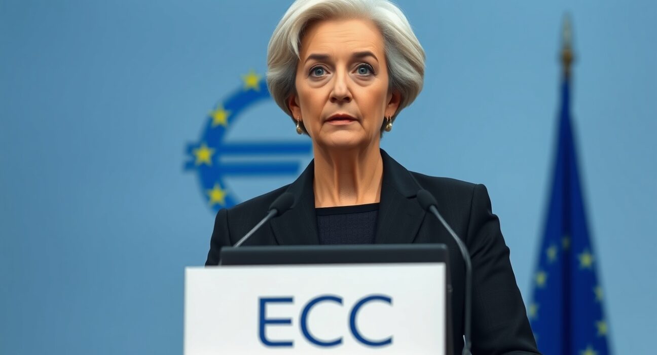 ECB President Christine Lagarde discussing monetary policy and EUR dovish risks at Frankfurt press conference