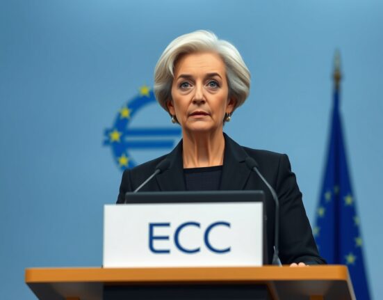 ECB President Christine Lagarde discussing monetary policy and EUR dovish risks at Frankfurt press conference