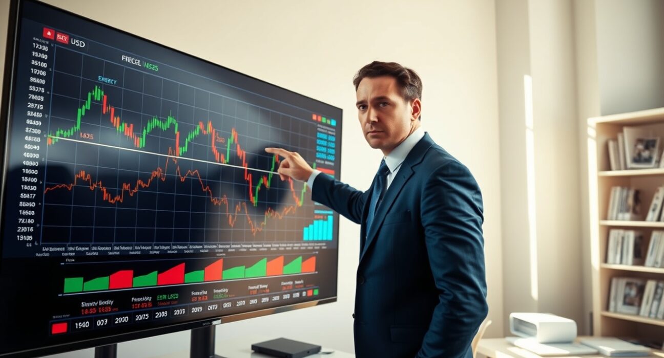 Financial analyst examines EUR vulnerability charts showing energy price impacts and Ukraine financing data