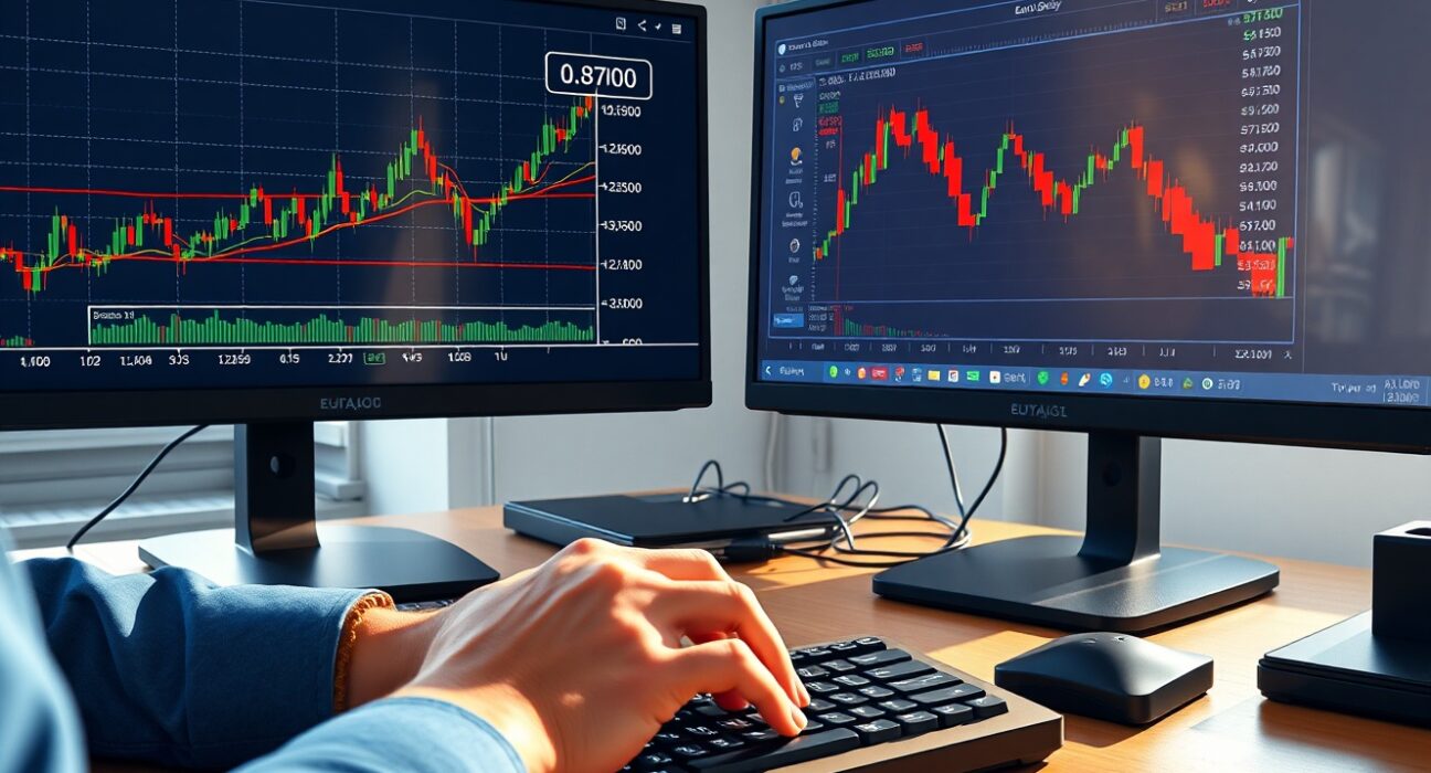 EUR/GBP exchange rate trading desk with real-time charts showing 0.8700 support level test