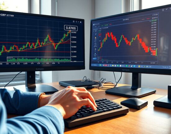 EUR/GBP exchange rate trading desk with real-time charts showing 0.8700 support level test