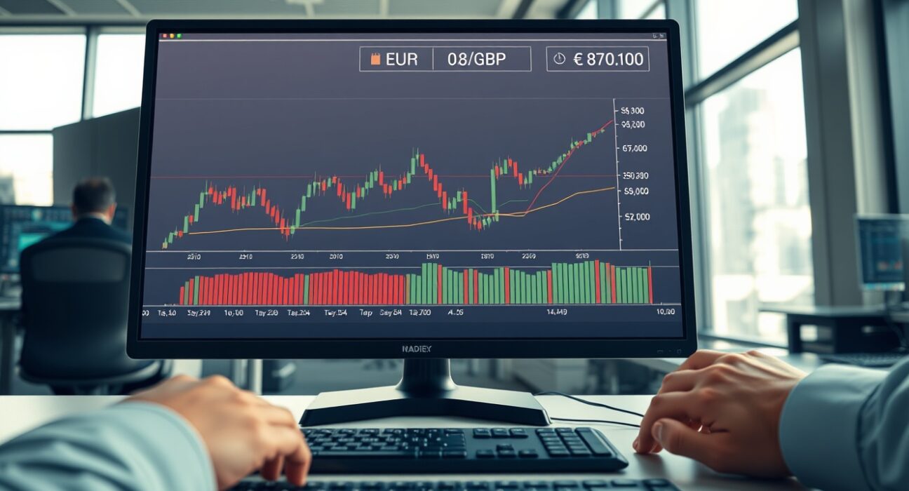 Professional trading desk monitoring the EUR/GBP exchange rate and financial charts.