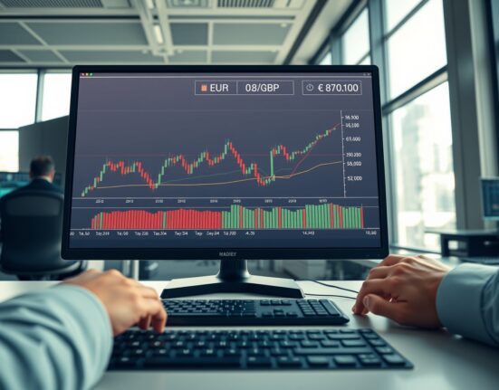 Professional trading desk monitoring the EUR/GBP exchange rate and financial charts.